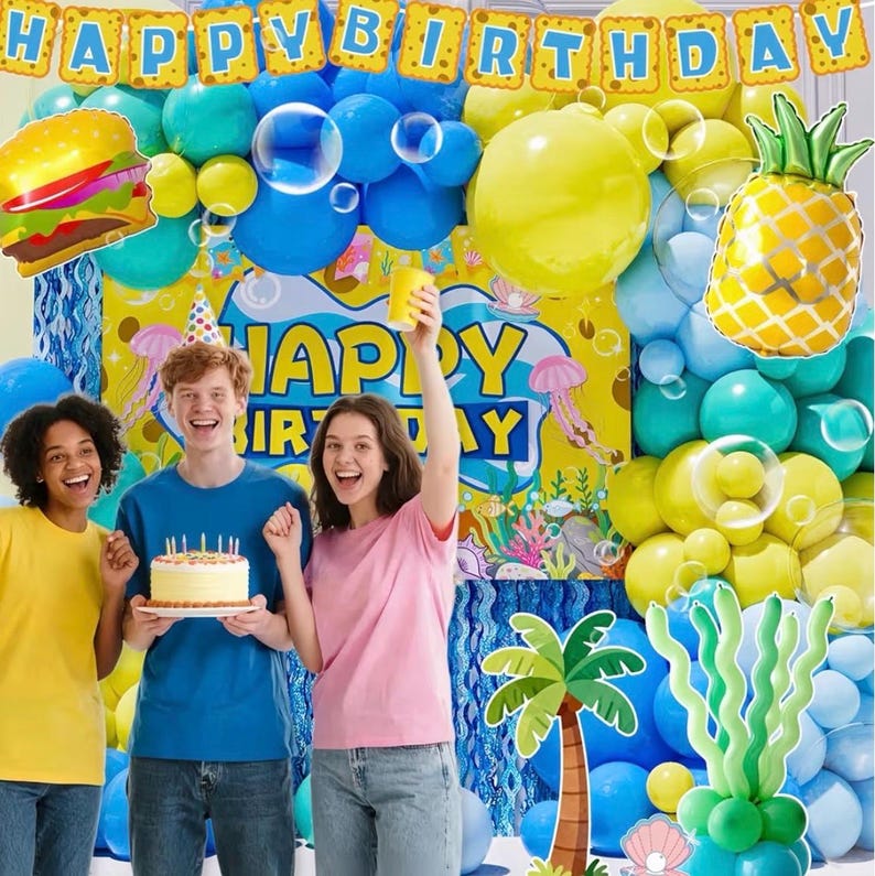 Sponge Birthday Decorations Kit - 153Pcs Under the Sea Party Supplies with Balloon Arch, Backdrop & Video Guide - All-in-One Vibrant Decor