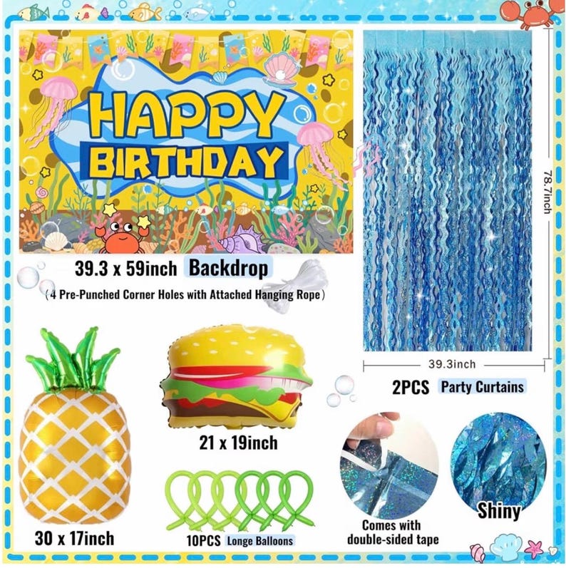 Sponge Birthday Decorations Kit - 153Pcs Under the Sea Party Supplies with Balloon Arch, Backdrop & Video Guide - All-in-One Vibrant Decor