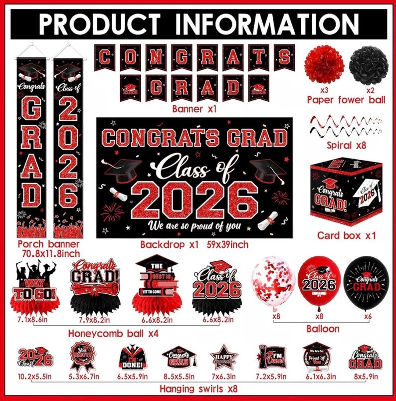 Graduation Decorations Class of 2026,Red Graduation Party Supplies- Congrats Grad Decorations Banner ＆ Hanging Swirls,Graduation Card Box