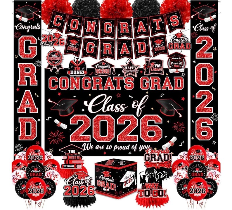 Graduation Decorations Class of 2026,Red Graduation Party Supplies- Congrats Grad Decorations Banner ＆ Hanging Swirls,Graduation Card Box