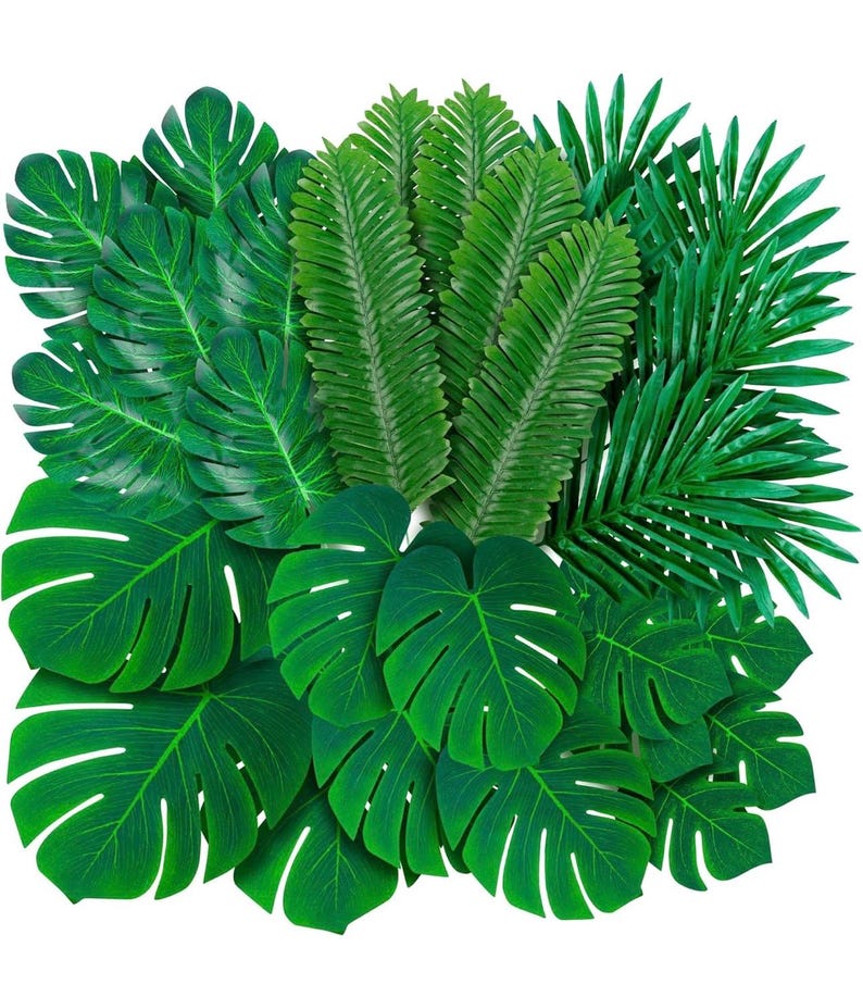 108 Pack Palm Leaves Artificial Tropical Monstera -6 Kinds Large Small Green Fake Palm Leaf with Stems for Safari Jungle Hawaiian Luau Party