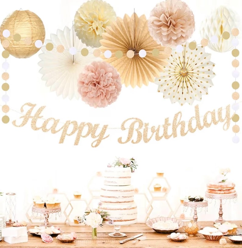 Champagne-Gold Beige Fall Boho Birthday Party-Decorations - 21pcs Autumn Neutral Retro Happy Banner,One Sweet Peach Paper Streamers Lanterns