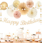 Champagne-Gold Beige Fall Boho Birthday Party-Decorations - 21pcs Autumn Neutral Retro Happy Banner,One Sweet Peach Paper Streamers Lanterns