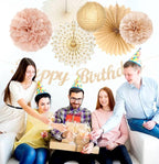 Champagne-Gold Beige Fall Boho Birthday Party-Decorations - 21pcs Autumn Neutral Retro Happy Banner,One Sweet Peach Paper Streamers Lanterns