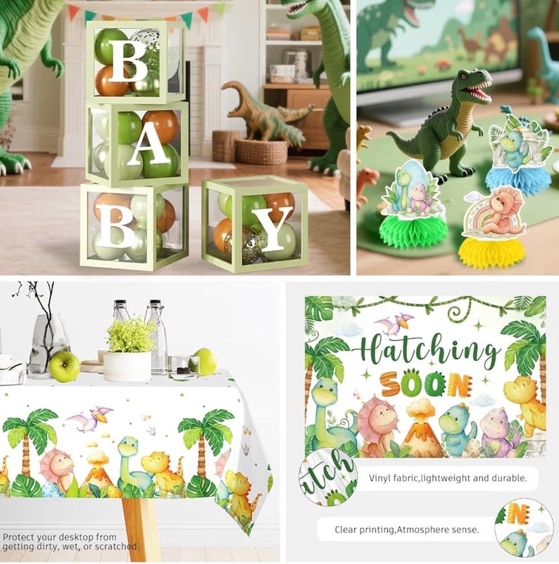 280PCS Dinosaur Baby Shower Decorations, 25 Dinosaur Theme Tableware, Includes It's A Boy Plates and Napkins, Backdrop, Balloon Kit