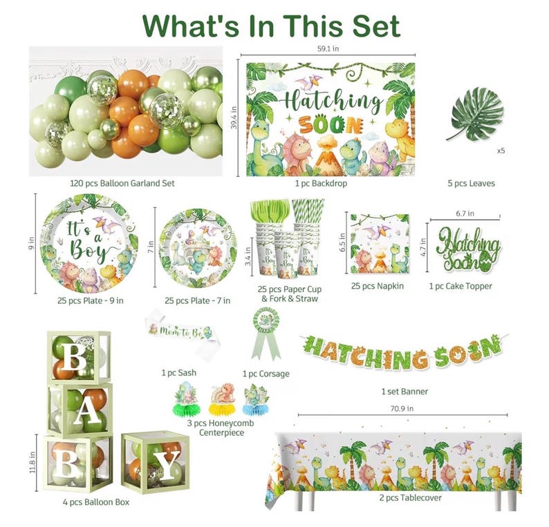 280PCS Dinosaur Baby Shower Decorations, 25 Dinosaur Theme Tableware, Includes It's A Boy Plates and Napkins, Backdrop, Balloon Kit