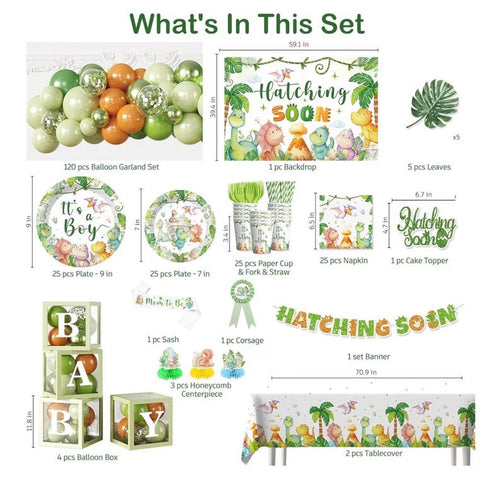 280PCS Dinosaur Baby Shower Decorations, 25 Dinosaur Theme Tableware, Includes It's A Boy Plates and Napkins, Backdrop, Balloon Kit