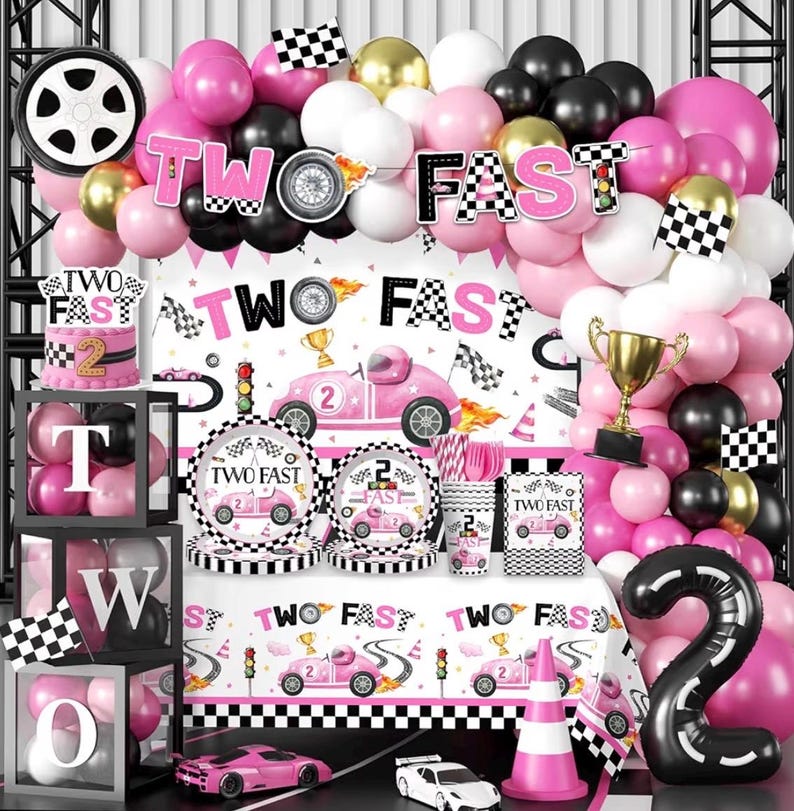 291pcs Two Fast Birthday Decor for 2 Year Old Girl, Worry-free One-stop Set for 25 Guests, includes Balloon Arch Plates for Girls 2nd Bday