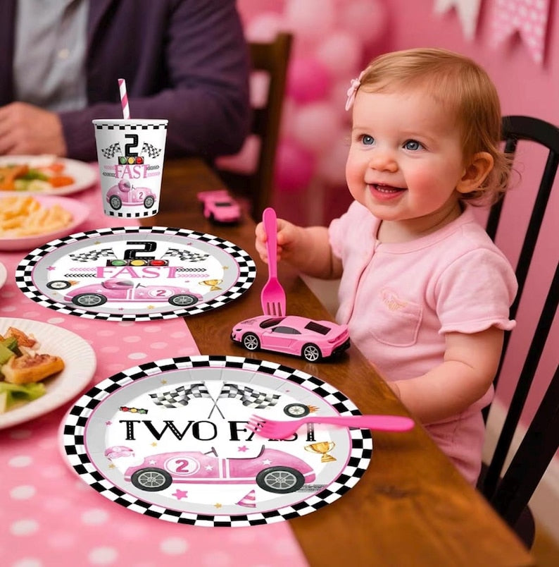 291pcs Two Fast Birthday Decor for 2 Year Old Girl, Worry-free One-stop Set for 25 Guests, includes Balloon Arch Plates for Girls 2nd Bday