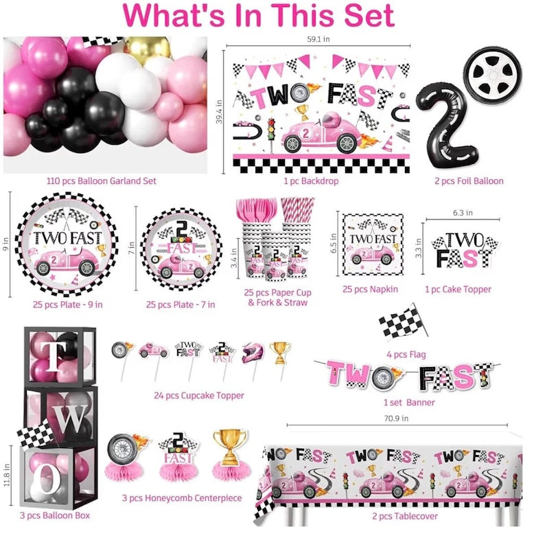 291pcs Two Fast Birthday Decor for 2 Year Old Girl, Worry-free One-stop Set for 25 Guests, includes Balloon Arch Plates for Girls 2nd Bday