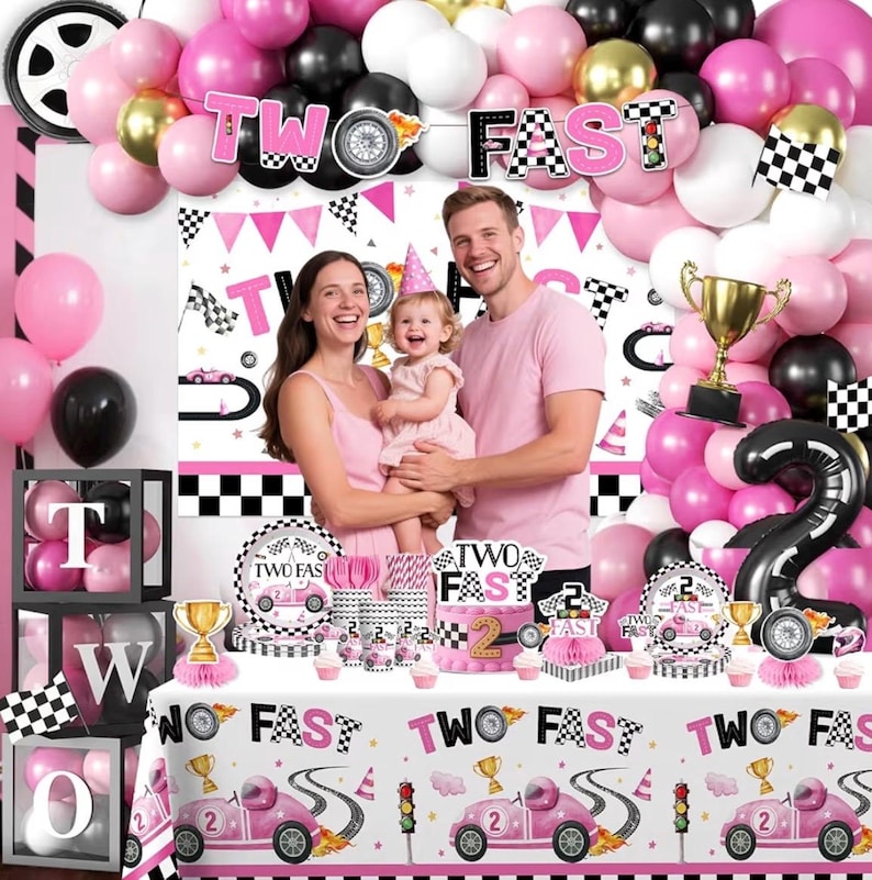 291pcs Two Fast Birthday Decor for 2 Year Old Girl, Worry-free One-stop Set for 25 Guests, includes Balloon Arch Plates for Girls 2nd Bday