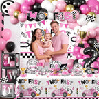291pcs Two Fast Birthday Decor for 2 Year Old Girl, Worry-free One-stop Set for 25 Guests, includes Balloon Arch Plates for Girls 2nd Bday