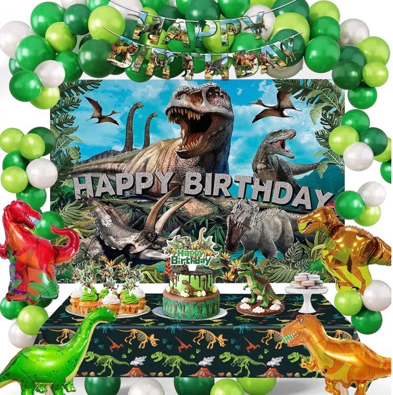 Dinosaur Birthday Party Decorations Kit for Boys - Dino Party Supplies with Tablecloth, Banner, Backdrop, Cake Topper, Balloons & Stickers