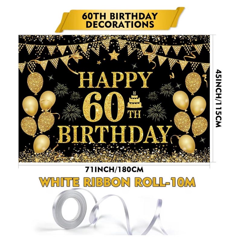 60th Birthday Banner - Black & Gold - 71 x 45 Inch - Happy 60th Birthday Decor