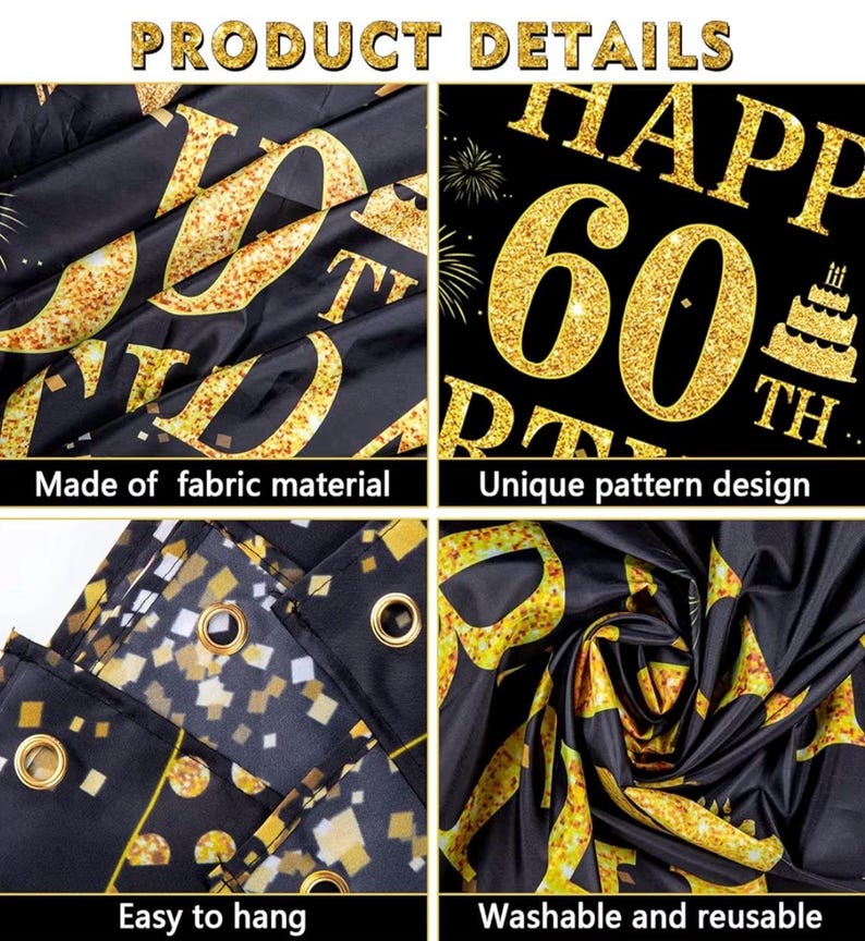60th Birthday Banner - Black & Gold - 71 x 45 Inch - Happy 60th Birthday Decor
