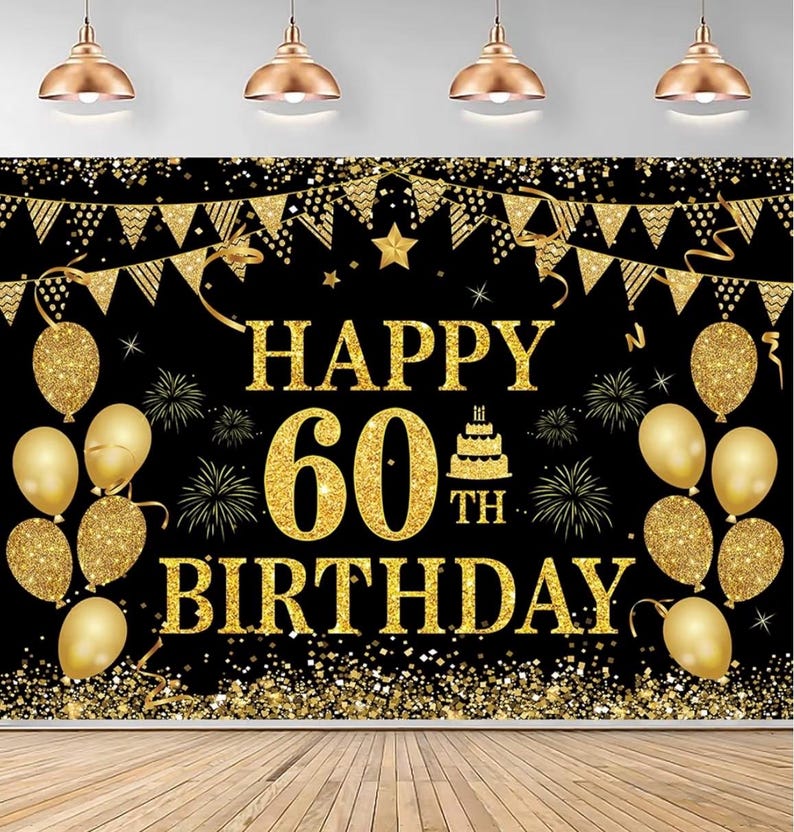 60th Birthday Banner - Black & Gold - 71 x 45 Inch - Happy 60th Birthday Decor