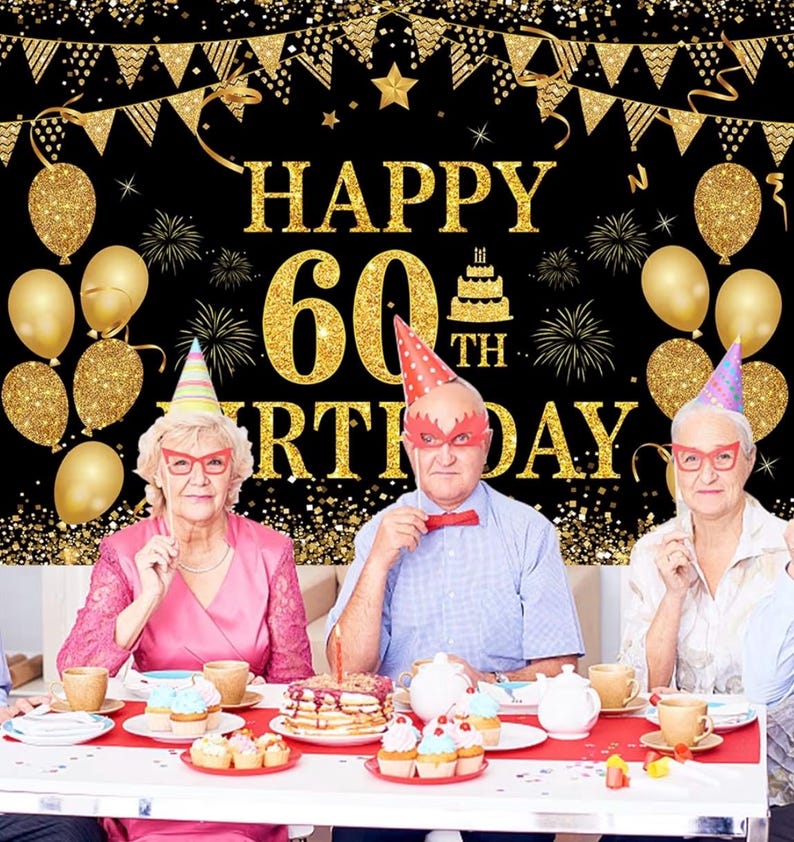 60th Birthday Banner - Black & Gold - 71 x 45 Inch - Happy 60th Birthday Decor