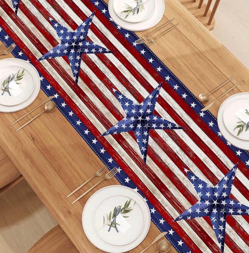 Watercolor Red White and Blue American Flag Stars Table Runner 4th of July Memorial Day Veterans Day Patriotic Decoration  for Home