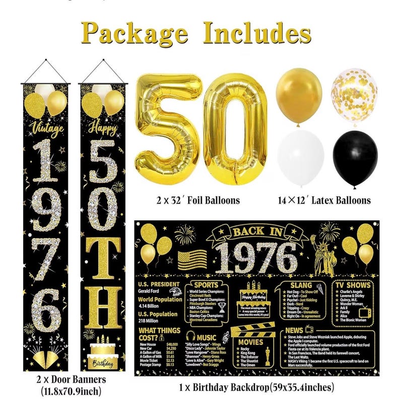 50th Birthday Decorations Men Women, Black Gold Back in 1976 Poster Backdrop Balloons Hanging Swirls, Happy 50th Birthday Sash Door Banners