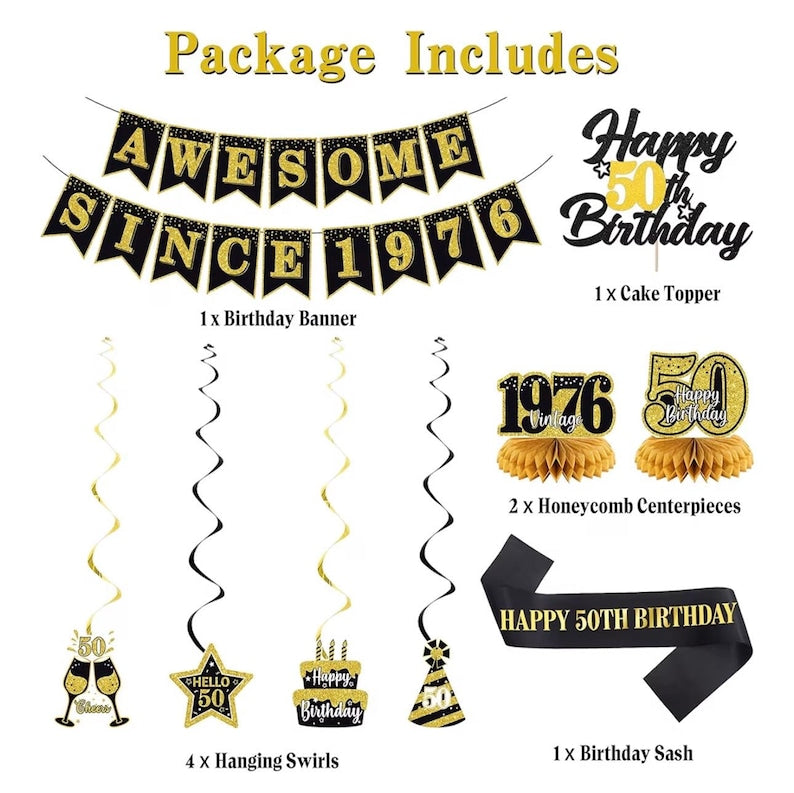 50th Birthday Decorations Men Women, Black Gold Back in 1976 Poster Backdrop Balloons Hanging Swirls, Happy 50th Birthday Sash Door Banners