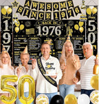 50th Birthday Decorations Men Women, Black Gold Back in 1976 Poster Backdrop Balloons Hanging Swirls, Happy 50th Birthday Sash Door Banners