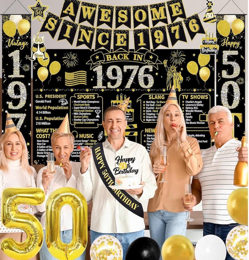 50th Birthday Decorations Men Women, Black Gold Back in 1976 Poster Backdrop Balloons Hanging Swirls, Happy 50th Birthday Sash Door Banners