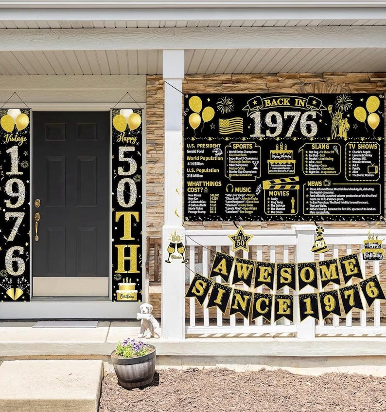 50th Birthday Decorations Men Women, Black Gold Back in 1976 Poster Backdrop Balloons Hanging Swirls, Happy 50th Birthday Sash Door Banners