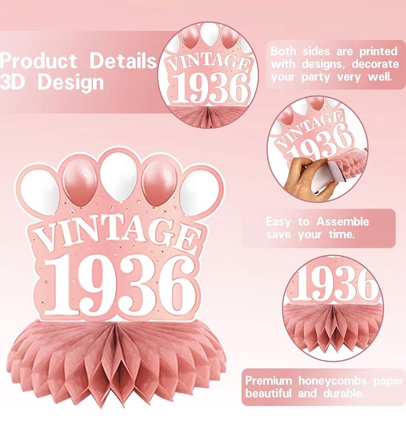 90th Birthday Party Decorations for Women, Rose Gold Back in 1936 Banner, Rose Gold 90 Number Balloons & Cake Topper, Vintage 1936 90 Bday
