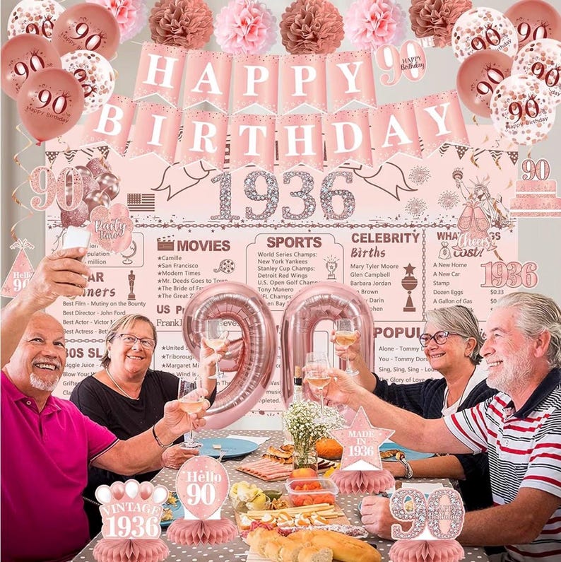 90th Birthday Party Decorations for Women, Rose Gold Back in 1936 Banner, Rose Gold 90 Number Balloons & Cake Topper, Vintage 1936 90 Bday