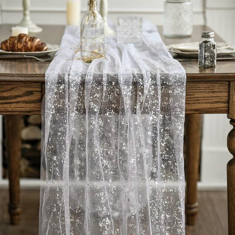 White Silver Gauze Table Runner 120 Inch 10FT, Glitter Metallic Foil Sheer Dining Holiday Wedding Anniversary Birthday Table Decor for Home