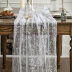 White Silver Gauze Table Runner 120 Inch 10FT, Glitter Metallic Foil Sheer Dining Holiday Wedding Anniversary Birthday Table Decor for Home