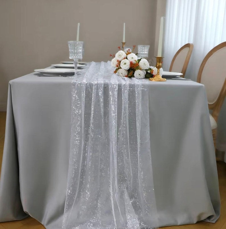 White Silver Gauze Table Runner 120 Inch 10FT, Glitter Metallic Foil Sheer Dining Holiday Wedding Anniversary Birthday Table Decor for Home