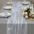 White Silver Gauze Table Runner 120 Inch 10FT, Glitter Metallic Foil Sheer Dining Holiday Wedding Anniversary Birthday Table Decor for Home