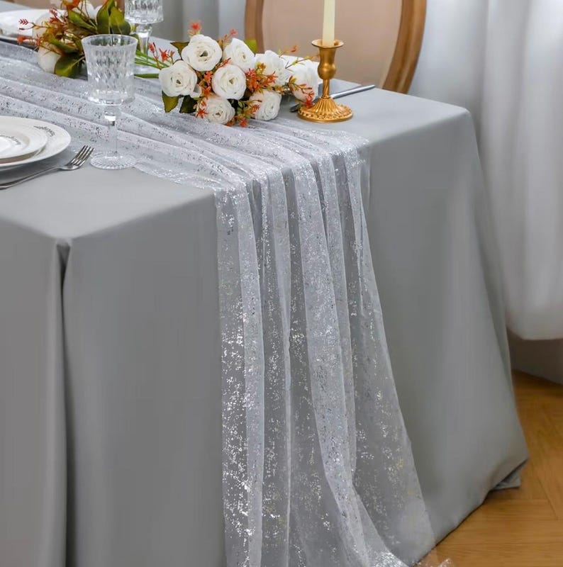 White Silver Gauze Table Runner 120 Inch 10FT, Glitter Metallic Foil Sheer Dining Holiday Wedding Anniversary Birthday Table Decor for Home