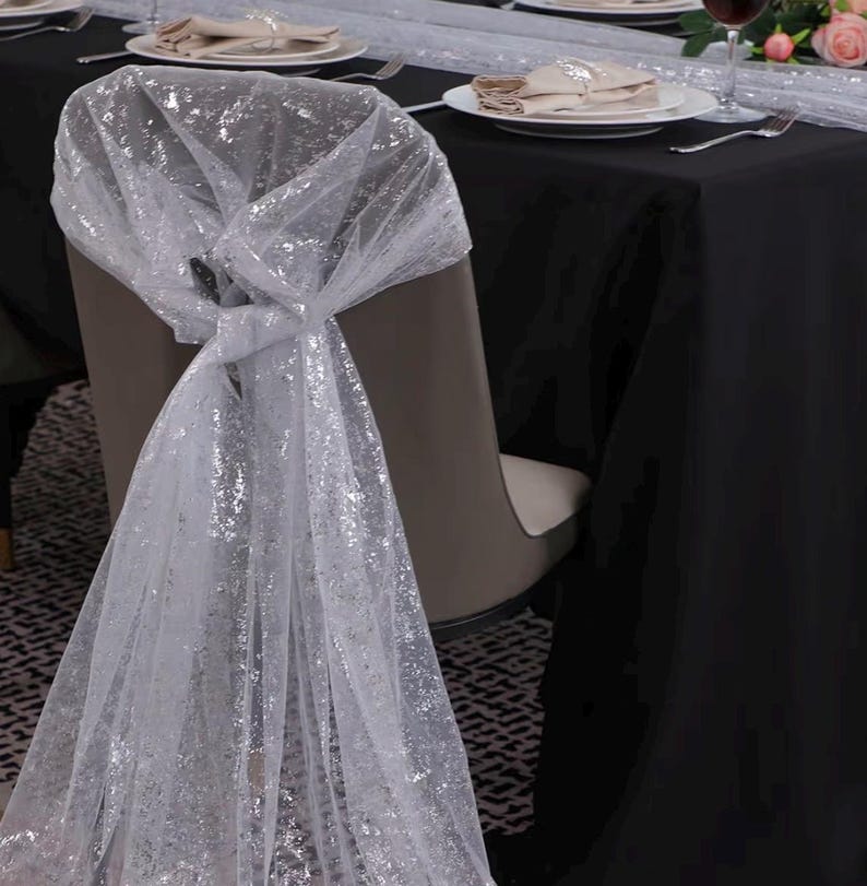 White Silver Gauze Table Runner 120 Inch 10FT, Glitter Metallic Foil Sheer Dining Holiday Wedding Anniversary Birthday Table Decor for Home
