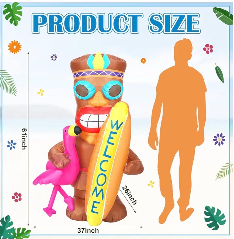 5 ft Inflatable Tiki Flamingo Surfboard Luau Hawaiian Party Decorations Summer Inflatables Outdoor LED Lighted Tiki Blow up Beach Tropical