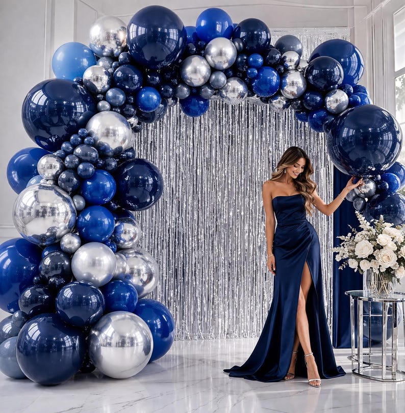 Navy Blue Silver Balloon Garland Kit, Royal Blue Balloon Arch for Birthday, Baby Shower, Graduation, Wedding Party Decor , 160Pcs