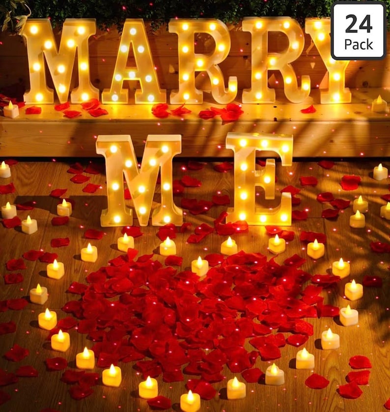 Marry Me Light up Letters Proposal Decorations Will You Marry Me Sign Rose Petals 24 LED Candles Romantic Night Light for Proposal Engagemen