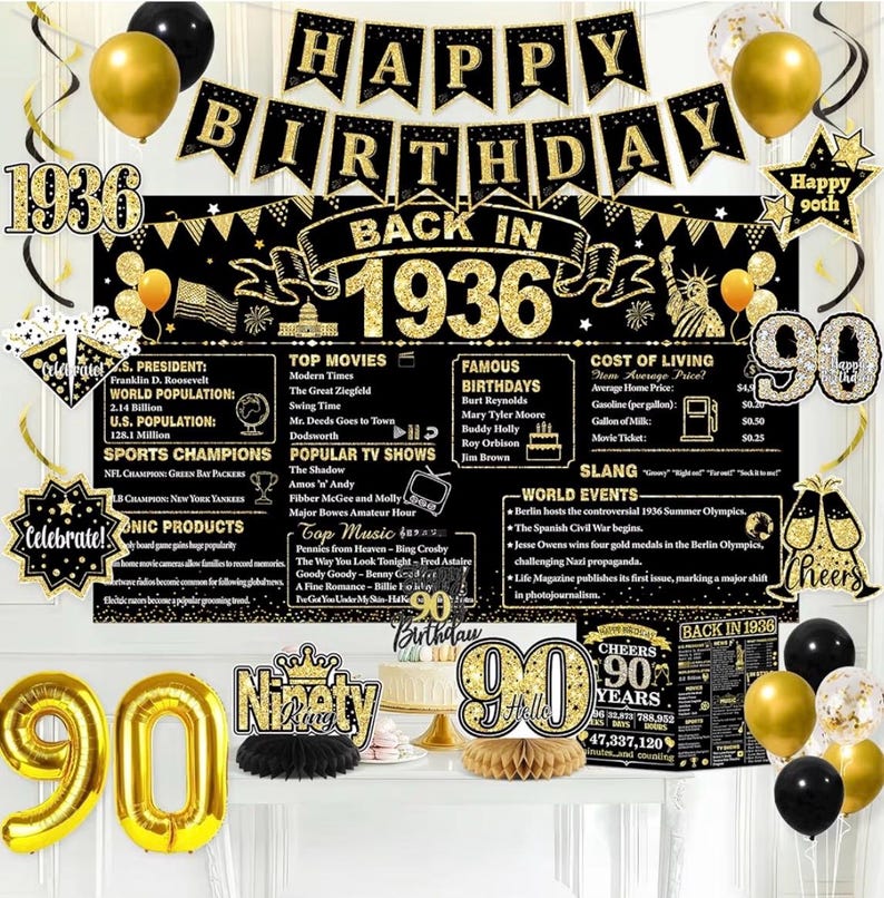 90th Birthday Decorations for Men, Black Gold Back in 1936 Party Supplies Kit with Banner, Backdrop, Sash, Balloons, Cake Topper & Honeycomb