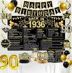 90th Birthday Decorations for Men, Black Gold Back in 1936 Party Supplies Kit with Banner, Backdrop, Sash, Balloons, Cake Topper & Honeycomb