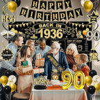 90th Birthday Decorations for Men, Black Gold Back in 1936 Party Supplies Kit with Banner, Backdrop, Sash, Balloons, Cake Topper & Honeycomb