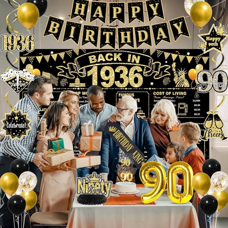 90th Birthday Decorations for Men, Black Gold Back in 1936 Party Supplies Kit with Banner, Backdrop, Sash, Balloons, Cake Topper & Honeycomb