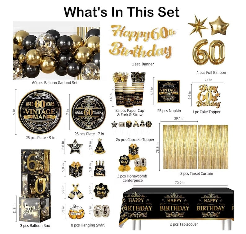 266pcs 60th Birthday Decorations for Men, Worry-free One-stop Set for 25 People, Includes Thickened Plates Cake Topper and Curtains