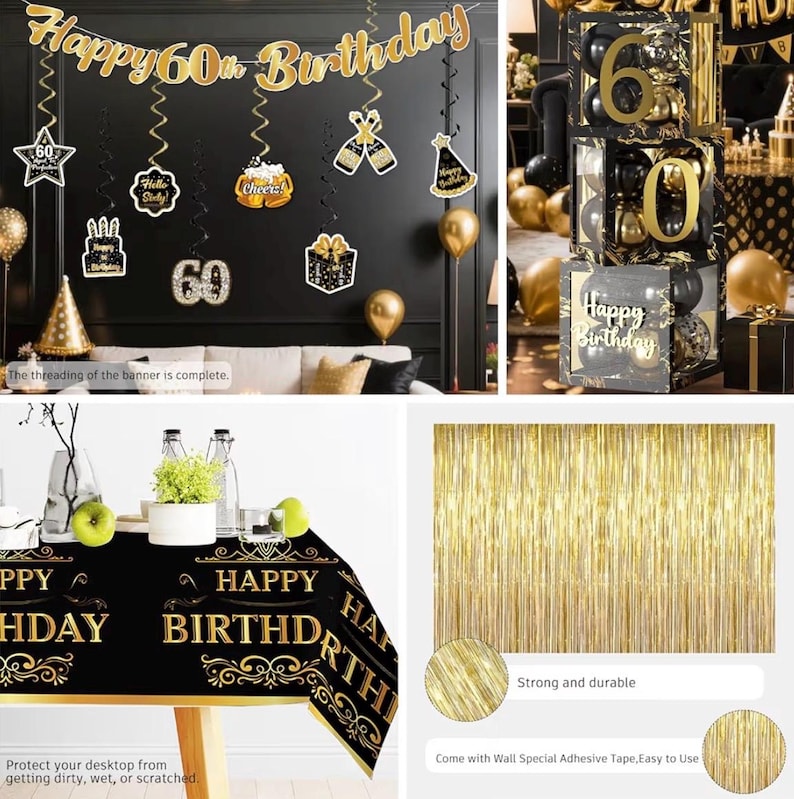 266pcs 60th Birthday Decorations for Men, Worry-free One-stop Set for 25 People, Includes Thickened Plates Cake Topper and Curtains