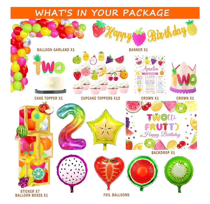 Twotti Fruity Birthday Decorations, Fruit Themed 2nd Tutti Frutti Party Decorations Backdrop Balloon Garland Glitter Banner Cake Topper