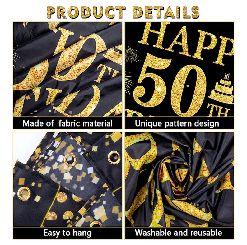 50th Birthday Decorations for Men Women Happy 50th Birthday Banner Party Decorations Black Gold 50 Years Birthday Party Suppiles Background
