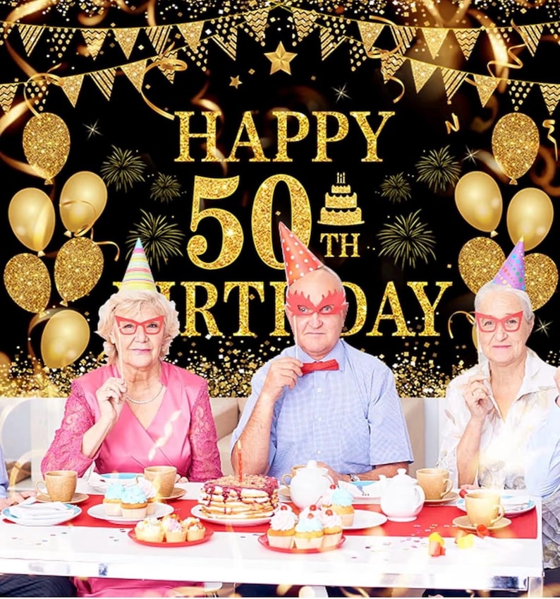 50th Birthday Decorations for Men Women Happy 50th Birthday Banner Party Decorations Black Gold 50 Years Birthday Party Suppiles Background