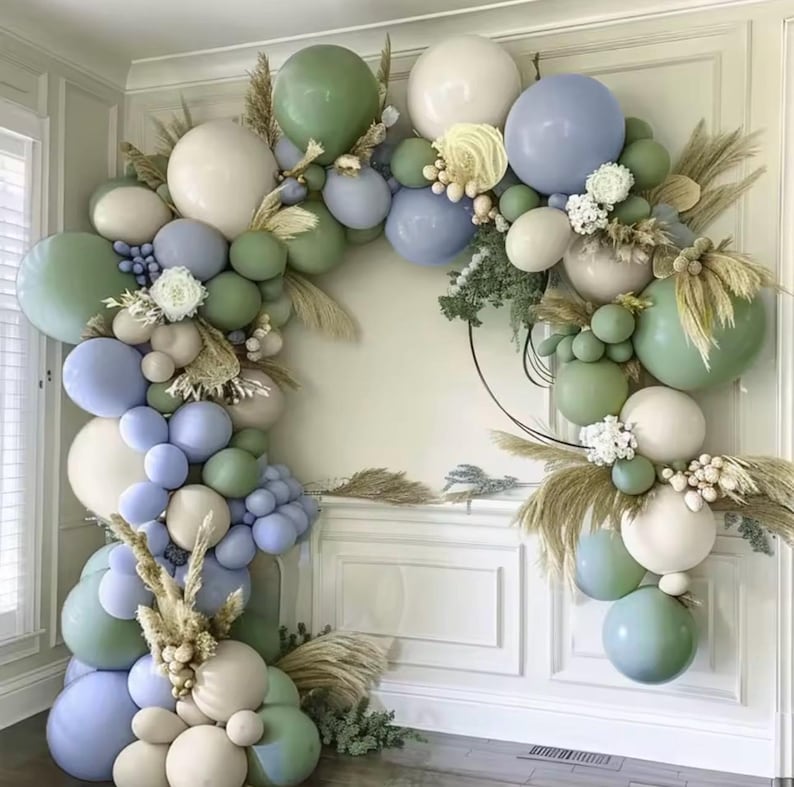 103pcs Sage Green Dusty Blue Balloon Garland Arch Kit, with Pastel Green Blue and Sand White Balloons, for Ocean Theme Beach Theme Dinosaur