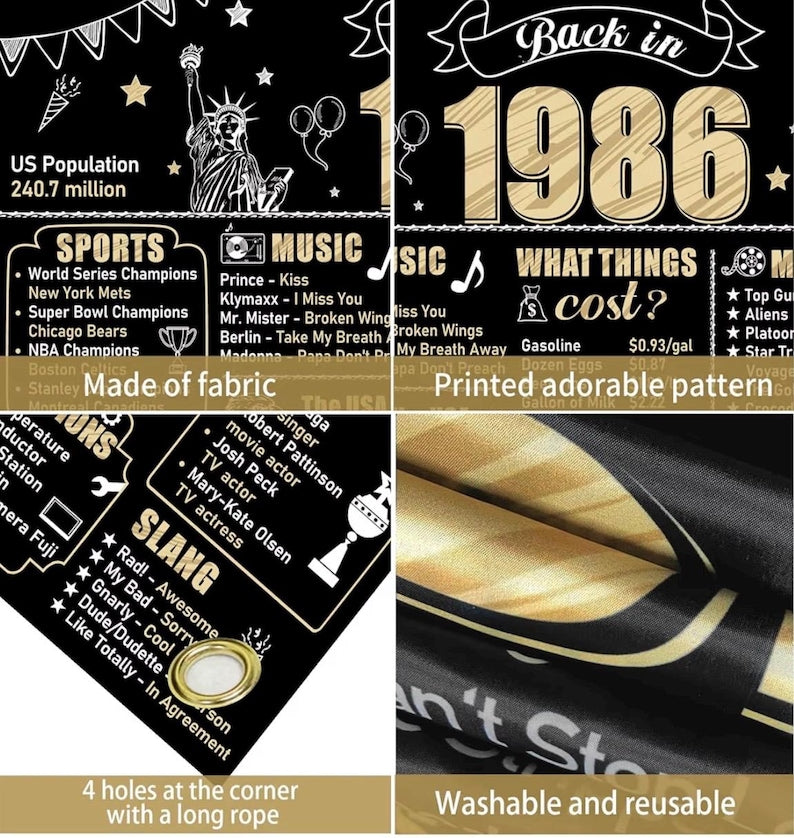 Large 40th Birthday Decorations Back in 1986 Banner Backdrop for Men Women, Happy 40 Birthday Sign Poster Party Supplies, Black Gold Forty
