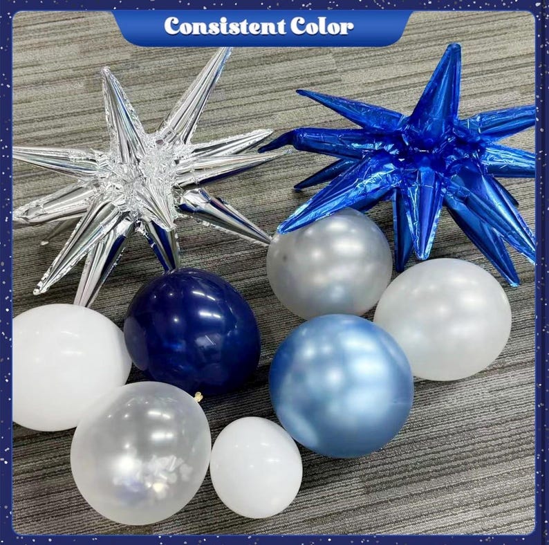 Blue White Silver Balloon Garland Arch Kit, 140Pcs Navy Light Metallic Blue Silver White Confetti Balloons With Stars for Birthday Wedding